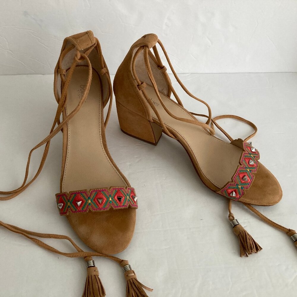 Botkier Tan Leather Penelope Boho Embroidered Lace Up Sandal 8.5